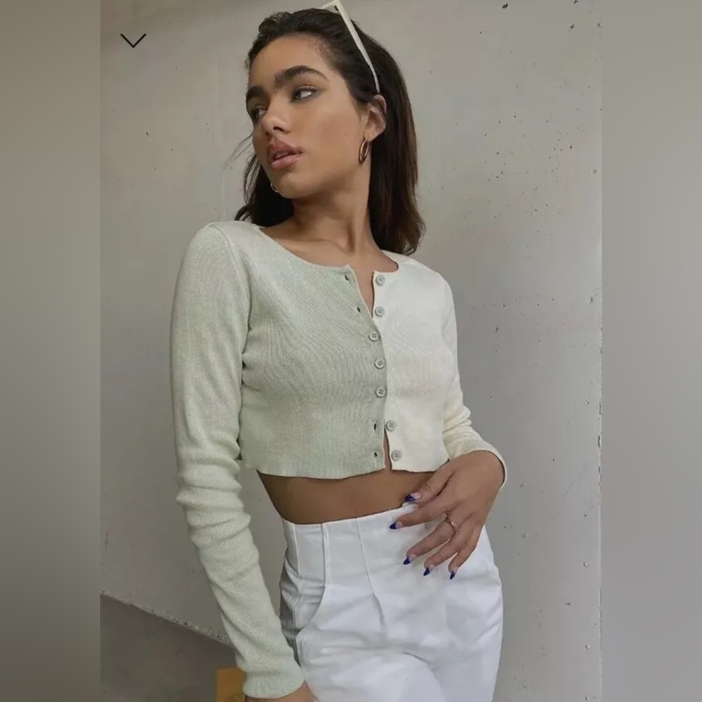 Cropped Button-Front Long Sleeve Sweater Cardigan - Cream